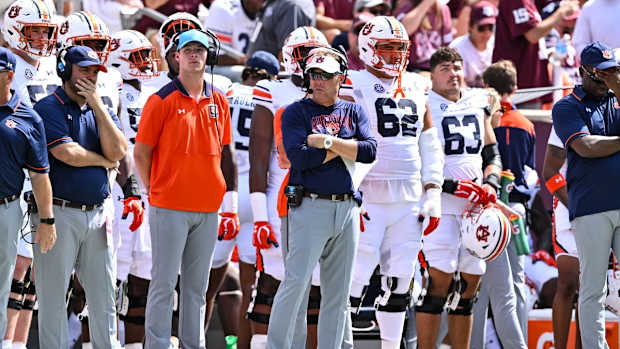 Sep 23, 2023; College Station, Texas, USA; Auburn Tigers head coach Hugh Freeze looks on during the first quarter against the Texas A&M Aggies at Kyle Field. Mandatory Credit: Maria Lysaker-USA TODAY Sports  